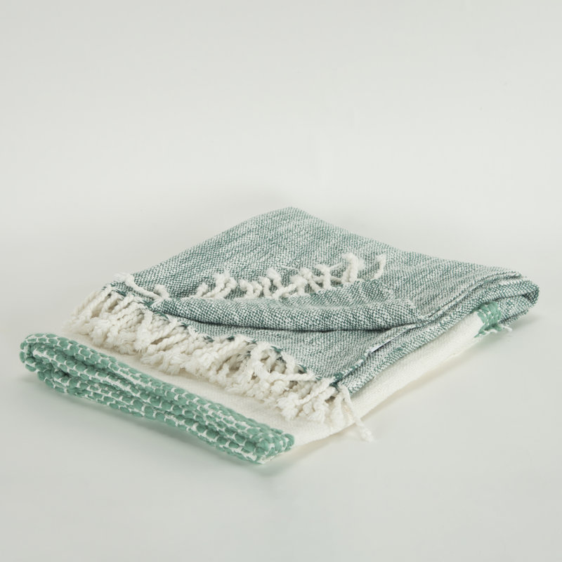 Hand Woven Throw Blanket, Green/White