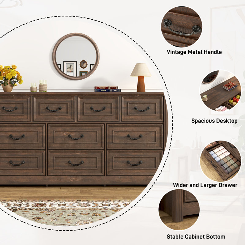 Dreonna Farmhouse 10 Drawers Dresser, 63''Rustic Chest Of Drawers For Living Room, Hallway, Bedroom