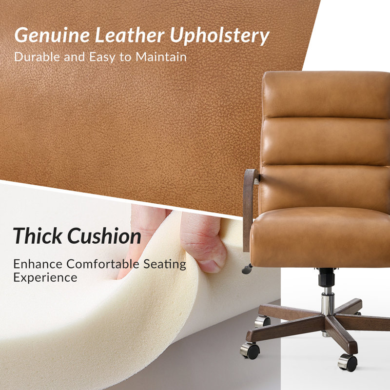 Para Modern Genuine Leather Tilting Executive Chair with Solid Wood Arms and Ergonomic Padded Back, Camel