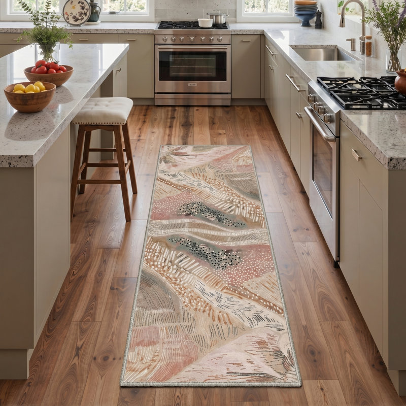 Tonicka Aura Abstract Machine Washable Beige Indoor Area Rug with Non-Slip Backing, Runner 2' x 6'