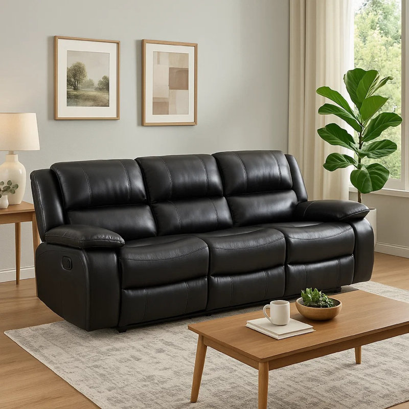 Tranisha 85.1'' W Faux Leather Reclining Sofa in Black