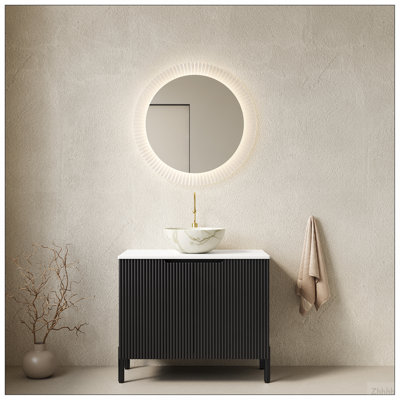 Ensemble de meuble-lavabo sur pied 24 po avec lavabo, meuble-lavabo de salle de bain autoportant à 2 portes TURIO avec vasque en céramique blanche à motif de pierres et comptoir en pierre frittée blanc de Carrare, sans robinet, couleur noire