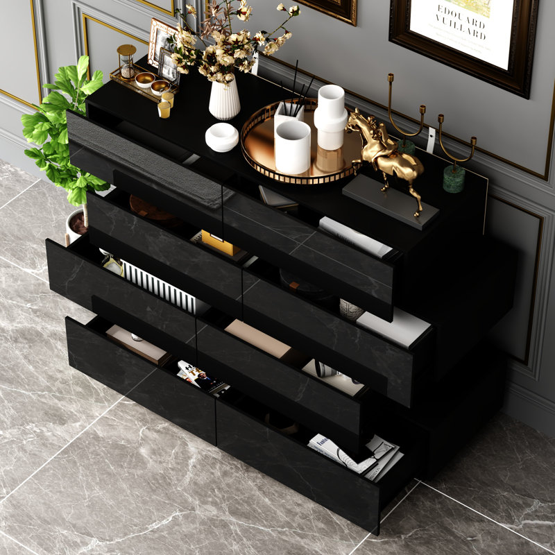 Commode double 8 tiroirs avec surface ultrabrillante, Noir, noir, noir, noir