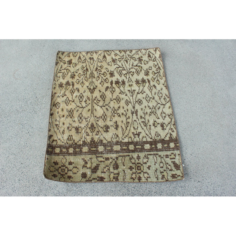 Small Square Turkish Vintage Oushak Wool Rug in Brown with Tassels for Entry Area