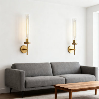 Modern Brass Wall Sconces Set Of 2 With Knurled Gold Finish And Clear Tube Glass Shades, 19.6" Wall Lights For Bathroom Vanity, Bedroom, Living Room, Hallway And Staircase Lighting