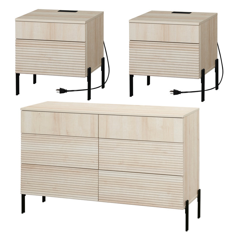 Ensemble de commode et de table de chevet 6 tiroirs pour la chambre à coucher, ensemble de chambre à coucher 3 pièces à motif de roseaux minimaliste, commode double en chêne avec poignées cachées
