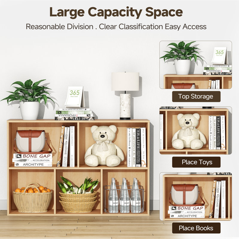 5-Section Closed Back Bookcases, Modern Open Storage Shelf Display Cabinet, Natural Oak