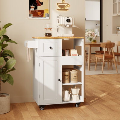 23.6*34.6*15.4 Kitchen Island Kitchen Cart With Three Shelves, One Drawer And One Cabinet, With Universal Pulleys, Equipped With Towel Rack And Side Hooks