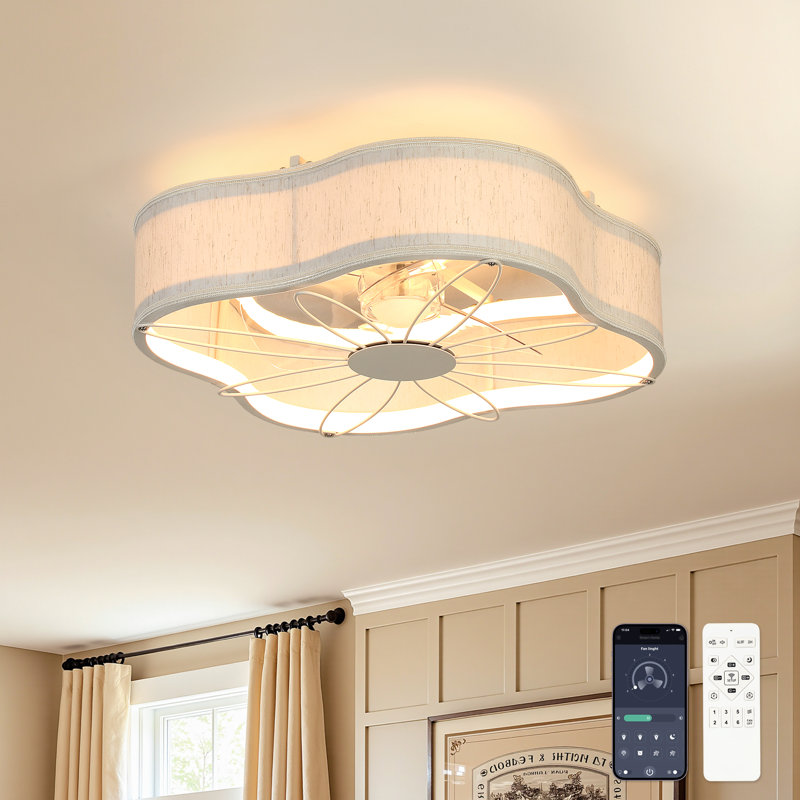 Arachne 19.7" Fabric Flush Mount Ceiling Fan with Dimmable LED Light 6-Speed Quiet Reversible DC Motor Timer and Remote Control
