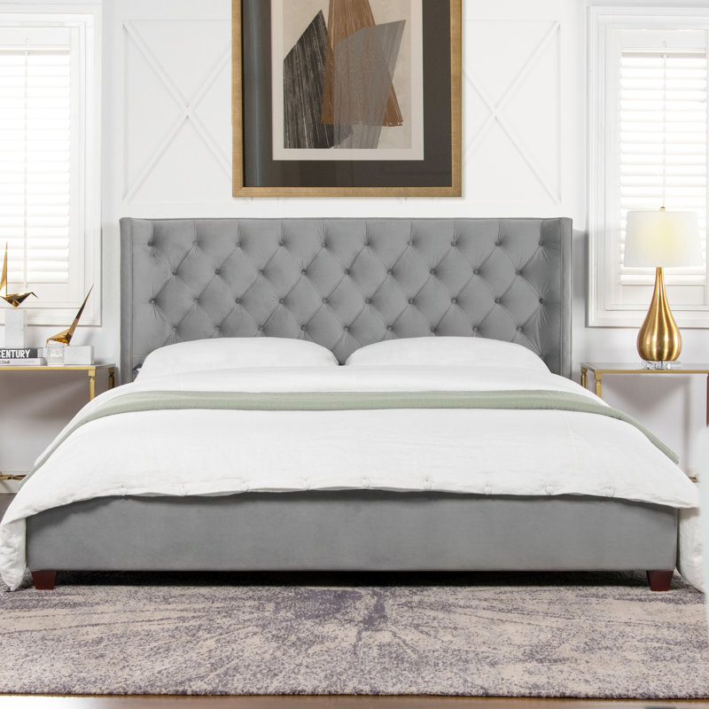Lit plateforme tapissier très grand Naveen, Velours gris opale