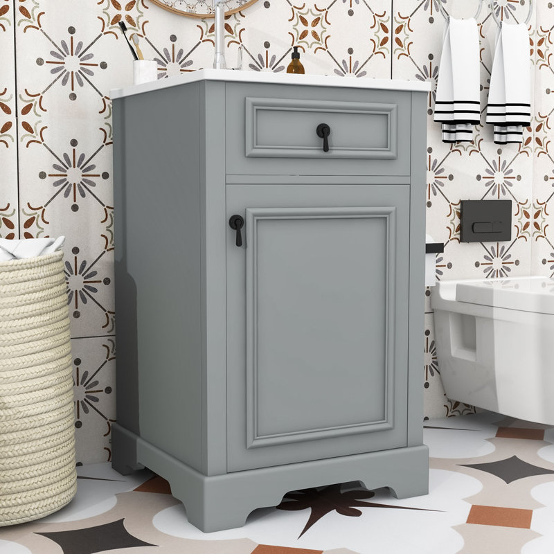 Meuble-lavabo simple contemporain en bois avec porte à fermeture douce, lavabo en céramique et tablette réglable, Gris