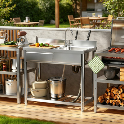 304 Stainless Steel Outdoor Utility Sink With Workbench & Storage Shelf, Freestanding Prep Table With Left Drawer, 39" Garden Patio Sink Station With 360° Hot & Cold Water Faucet