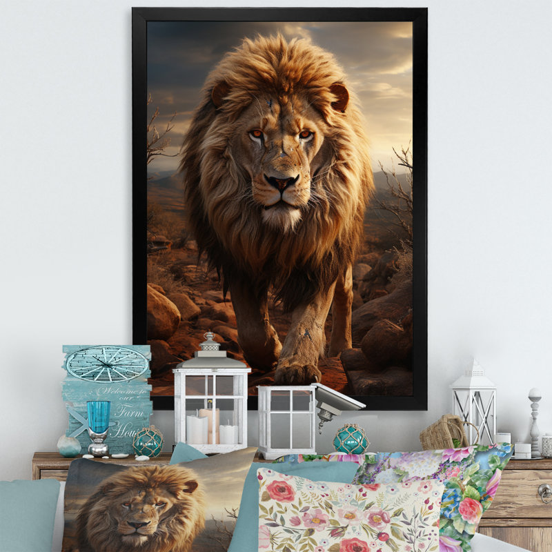 Moniet animal lion à Savan - impression, Toile noire à cadre unique, H 32 po x l 24 po x P 1 po