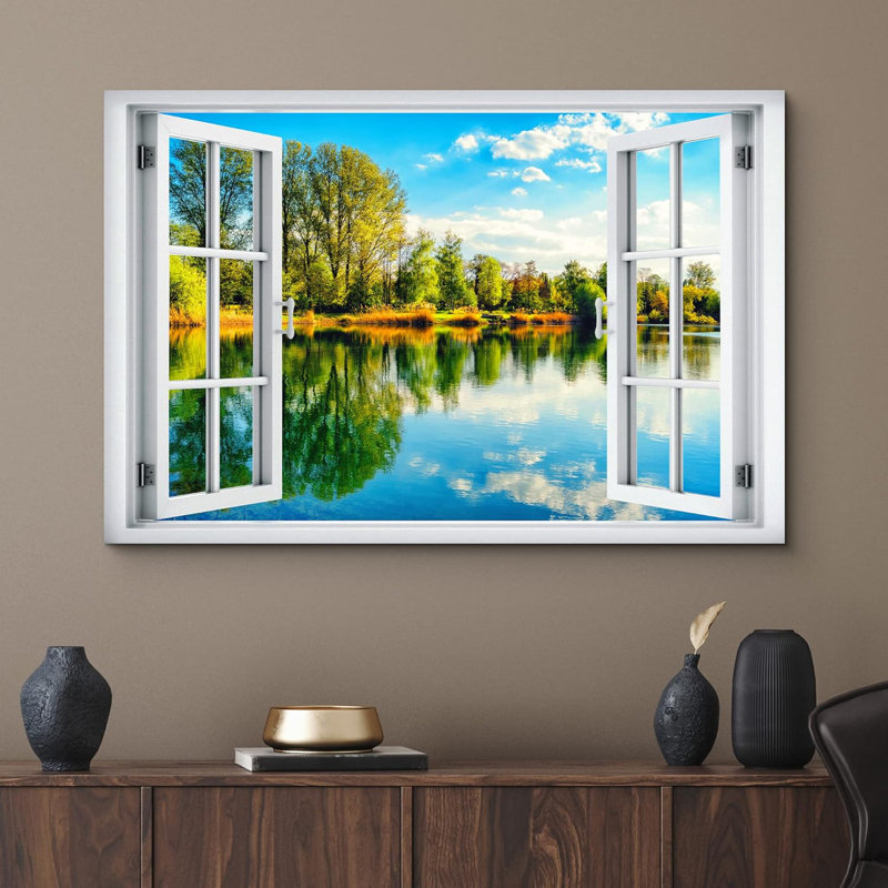 Fenêtre, paysage, fenêtre, vue, forêt, ciel bleu, lac, reflet, nature, paysages, paysage, H 32 po x l 48 po