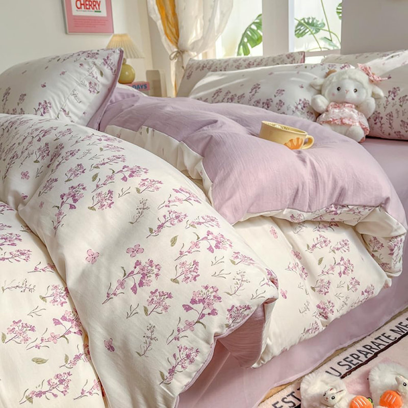 Flowers Purple Violet White Flower Reversible Bedding Set Microfiber Romantic Aesthetic Plants Duvet Cover, King