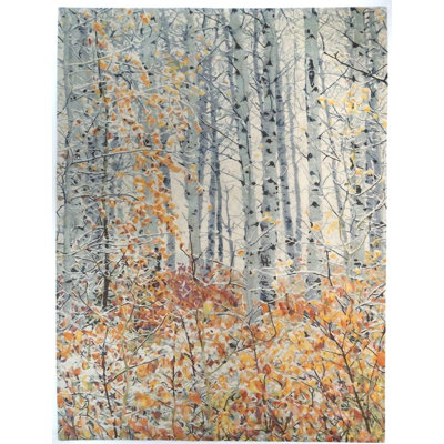 Birch Forest 9x12 Area Rug, Hand Knotted Wool Silk Rug, Autumn Tree Landscape Carpet, Nepalese Modern Abstract Nature Rug for Living Room