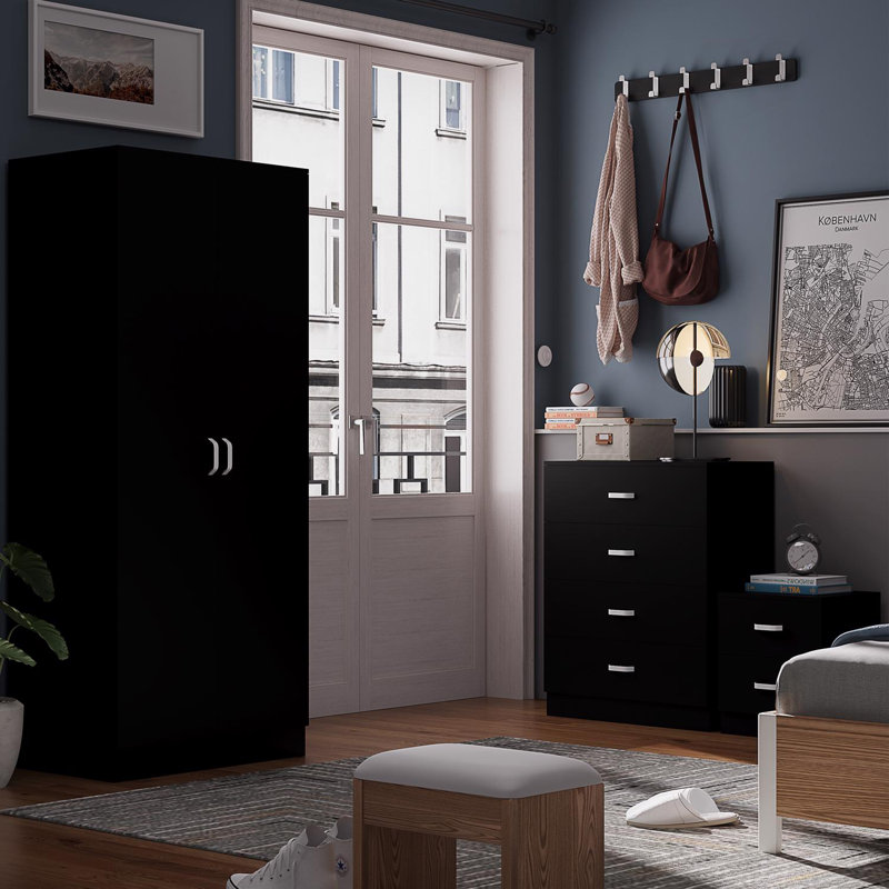 Lycinda 3 Piece Bedroom Furniture Set. 2 Door Wardrobe. 4 Drawer Chest Of Drawers. 2 Drawer Bedside Table. Matt Finish, Scratch Resistant, Brushed Chrome Metal Handles