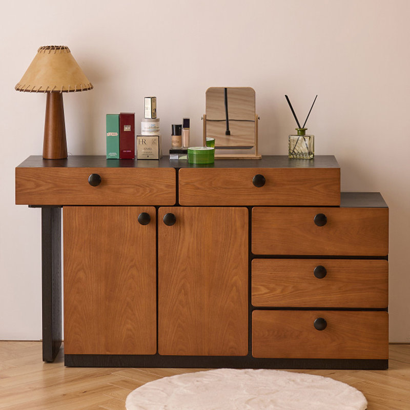 Coiffeuse extensible marron de style milieu du siècle avec meuble de rangement intégré