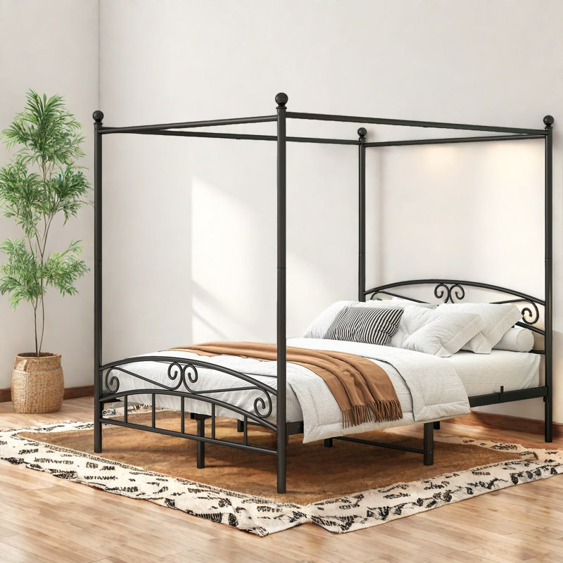 Lit à baldaquin robuste en métal avec rangement, style industriel pour la maison