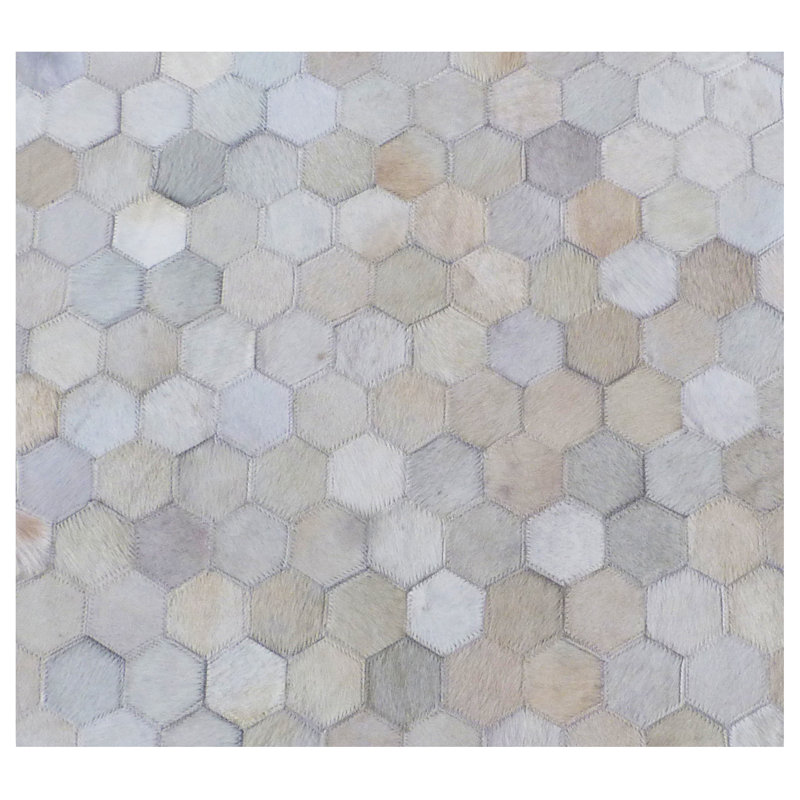 Mosaic Leather Cowhide Geometric Area Rug in Ivory, Rectangle 11'6" x 14'6"