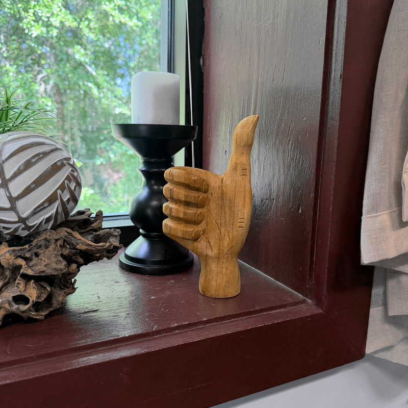 Statue de main en bois d'albésie naturelle rustique, pouce levé, pour bureau ou étagère, 19,7 cm de hauteur