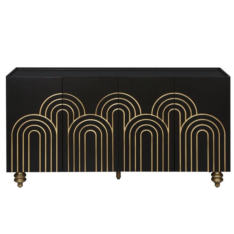 Buffet cannelé avec rangement - noir pour la cuisine, le salon, la salle à manger, 4 portes, tablettes réglables, design à 4 portes