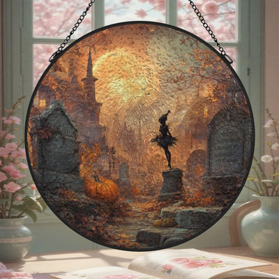 Panneau de vitrail Fairy Dancing Autumn Graveyard