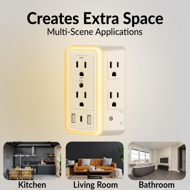 Prise multi-prises WBM SMART, protection contre les surtensions, extension à 6 prises, 2 ports de charge USB, USB-C, blanc