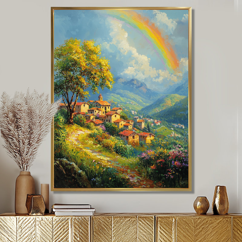 Rainbow Over The Hillside Village II - art mural arc-en-ciel, H 20 po x l 12 po, Reproduction avec cadre flottant, Doré