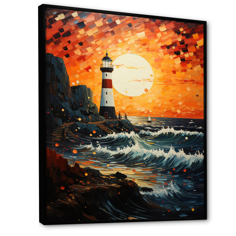Phare d'Ilanna - guidant le pointillisme IV - reproduction sur toile, H 32 po x l 24 po x P 1 po, Cadre flottant noir