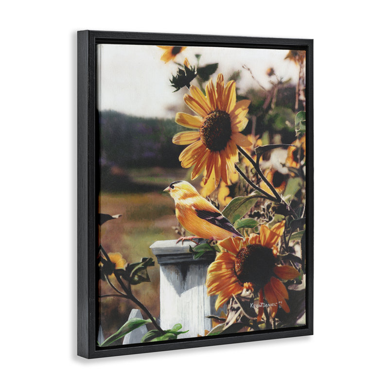  «Canary Bird & Sunflowers», art mural encadré par Kevin Daniel, H 21 po x l 17 po, Cadre flottant noir de jais