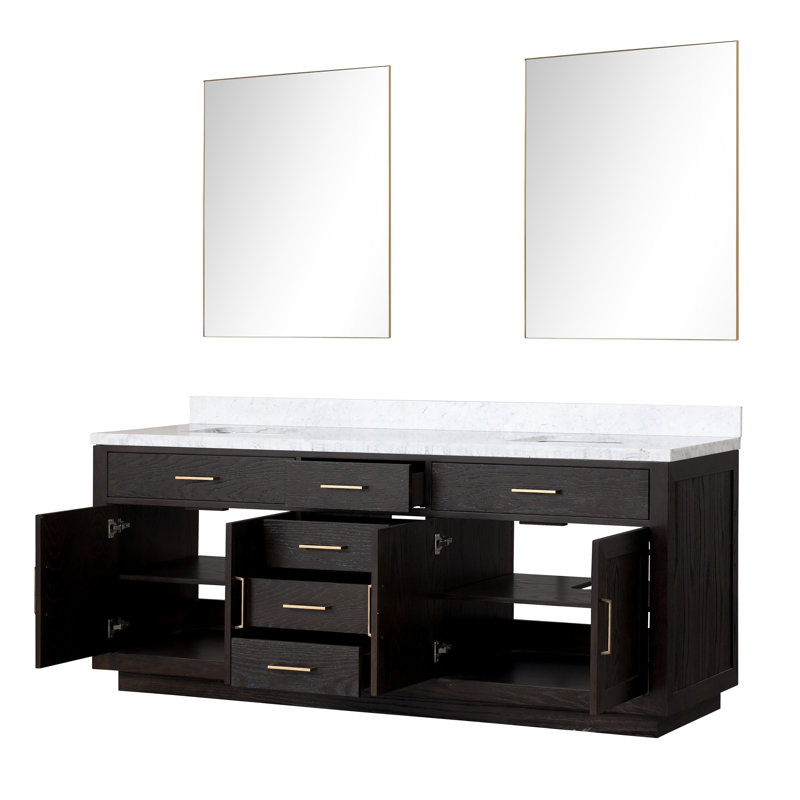 Ensemble de meuble-lavabo double 84 "avec miroir 84", Chêne noir, Marbre de Carrare blanc