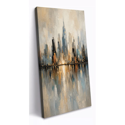 «Abstract City Skyline», art mural abstrait bleu, gris, noir et doré, reflets urbains pour le bureau, décor tendu avec châssis, prêt à accrocher, 16 x 32 po