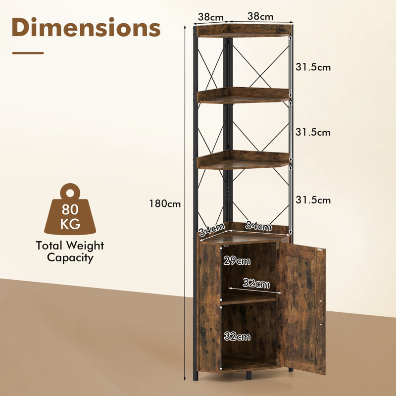 180cm H x 38cm W Metal Corner Bookcase, Rustic Brown/Black