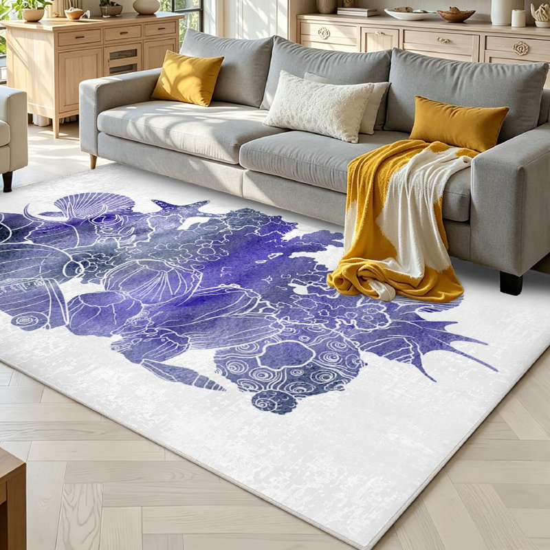 Tapis bleu aquarelle bleu à motif de coquillages dessinés à la mer, Rectangle 71" x 98"