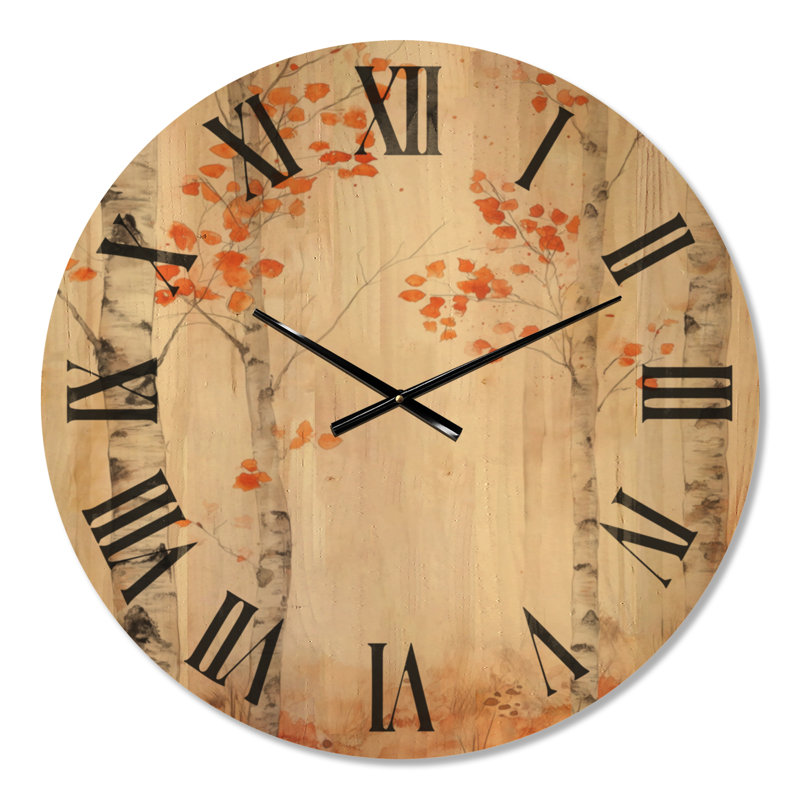 Forêt de bouleaux d'automne - Horloge murale ronde rustique crème, motif de bois, Large