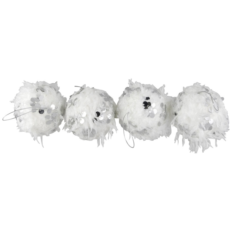 Boule de plumes avec de grands paillettes - décorations de Noël - 3,5 po - blanc - ensemble de 4