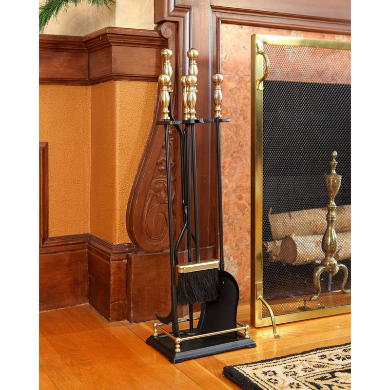 Verrett Iron Fireplace Tool Set, 30.50" H x 6.75" W x 9.75" D, Polished Brass/Black
