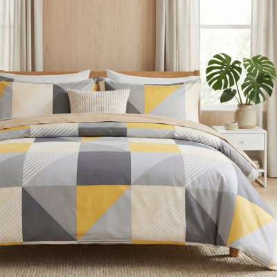 Ensemble de housse de couette jaune et gris, très grand, housse de couette géométrique 100% coton naturel, 3 pièces, pour toutes les saisons