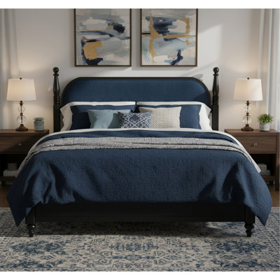 King Bed Frame,  Wood Platform with Slats, Modern Navy Blue & Black Bedroom Furniture, No Box Spring Needed
