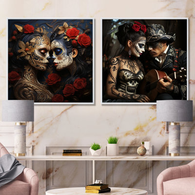 Roses Jour des Morts Portrait mexicain I - Ensemble de 2 décorations murales mexicaines