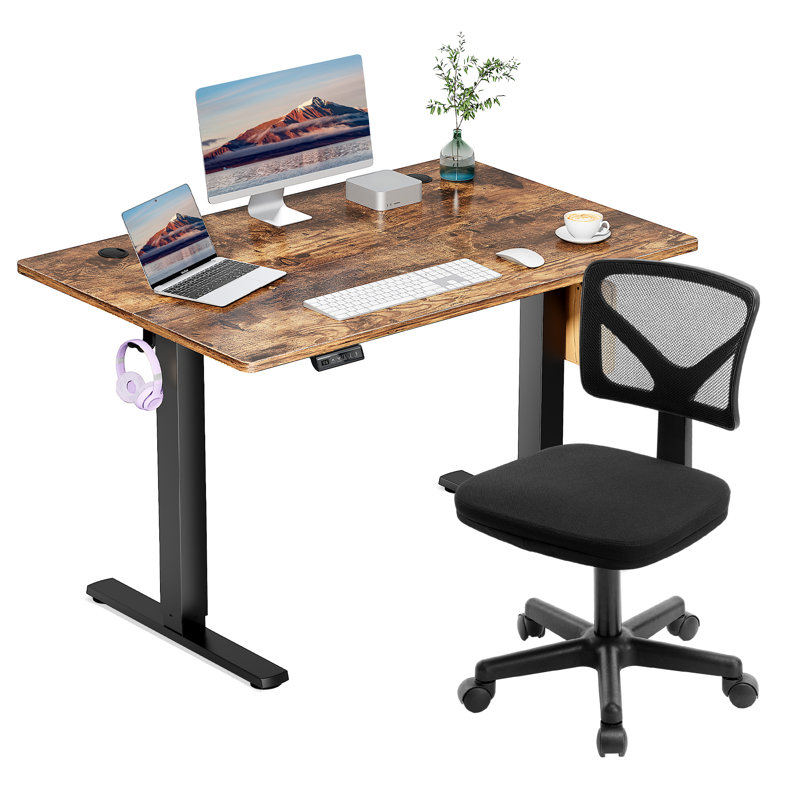 Ensemble de bureau: chaise de bureau en filet et bureau électrique, Noir / brun rustique