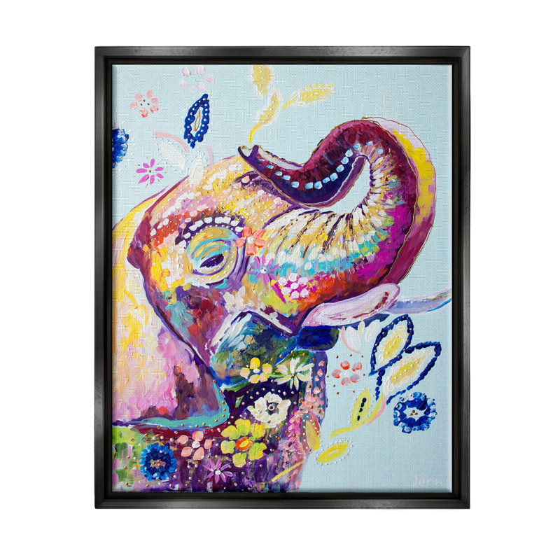 " Floral Pattern Fun Elephant " by Jen Seeley Painting Print, Jet Black Floater Frame, 21" H x 17" W x 1.7" D
