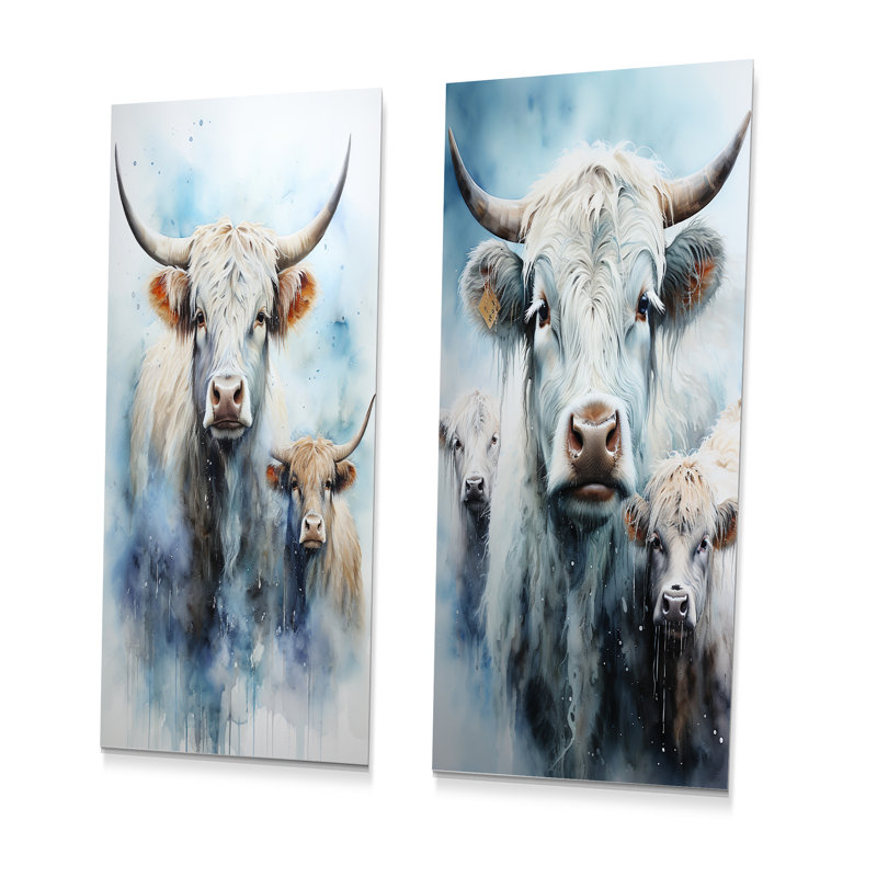 Aquarelle Highland Yaks Family - ensemble de 3 impressions de métal Yaks, H 28 po x l 24 po
