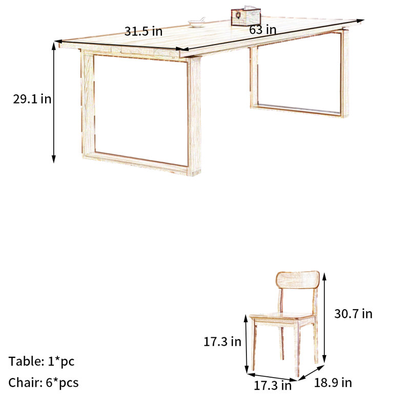 Solid Wood Dining Table Set 6 - Person Solid Wood Top Four Leg Dining Set, 29.1"H x 63"L x 31.5"W