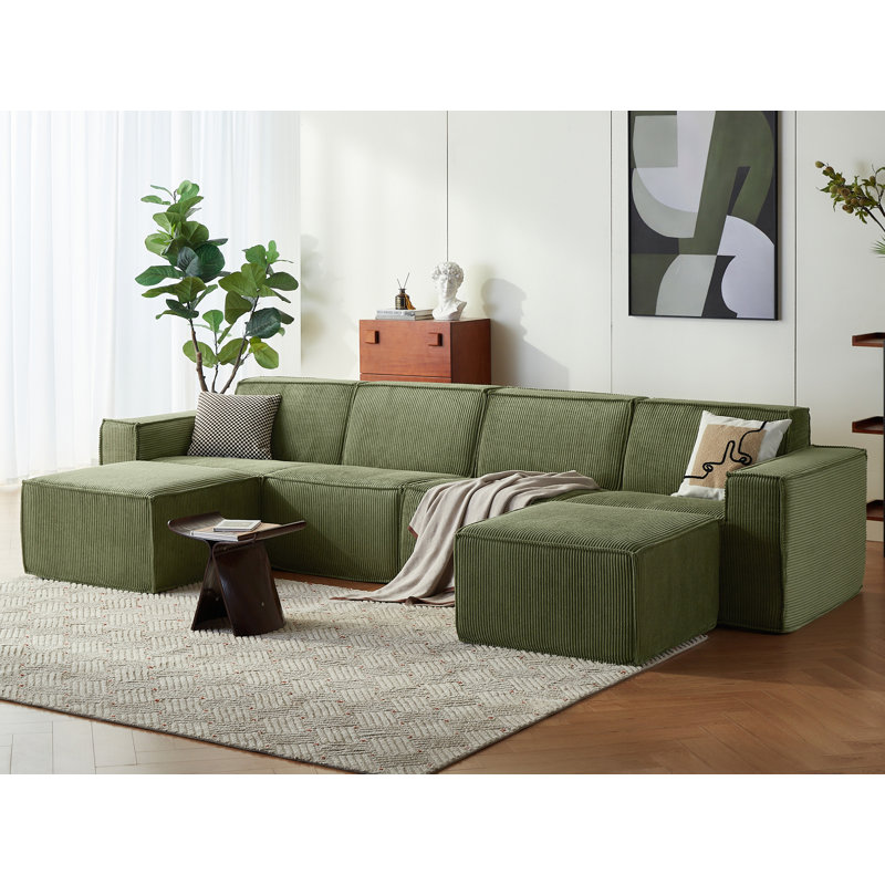 133.4" Modular Cloud Sectional Sofa With Movable 2 Ottomans, Green