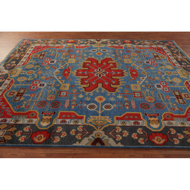 Tapis indien géométrique Kazak bleu 8 x 10
