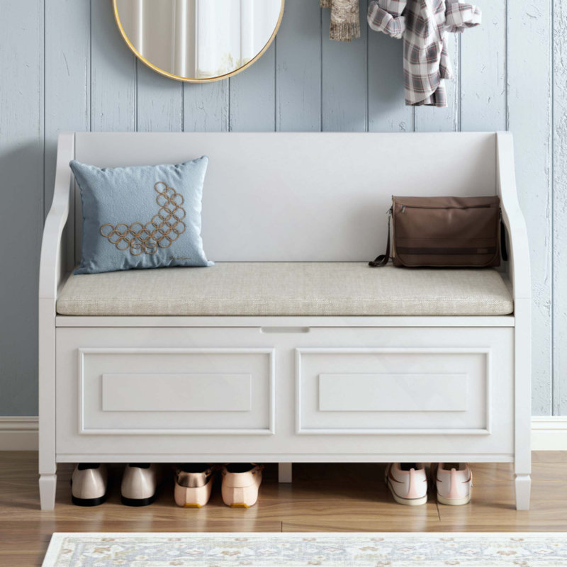 Banc de rangement multifonctionnel en bois massif avec charnière de sécurité, Blanc
