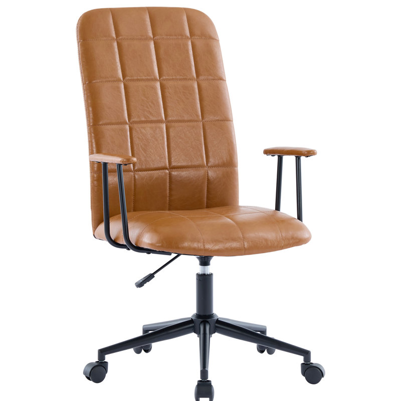 Black Powder Coated Frame 360 Degree Swivel Antique Brown Pu Leather Office Chair 2 With Armrest High Up And Down Adjustable Gaslift Five Star Base Wheels Soft Foam Seating Comfortable Sitting