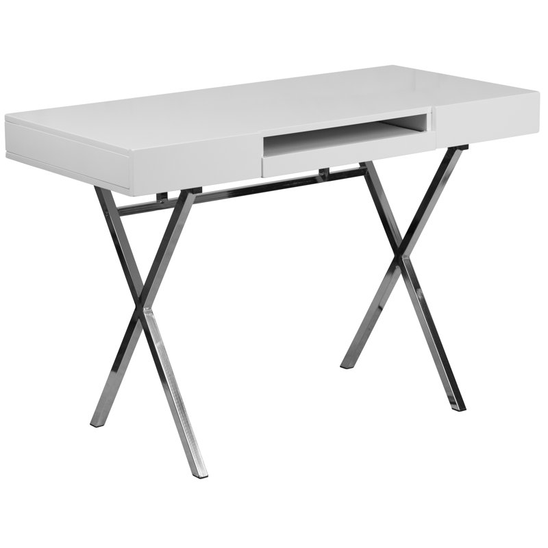 Sleek White 44.25'' Computer Desk with Chrome X-Trestle Base and Keyboard Tray